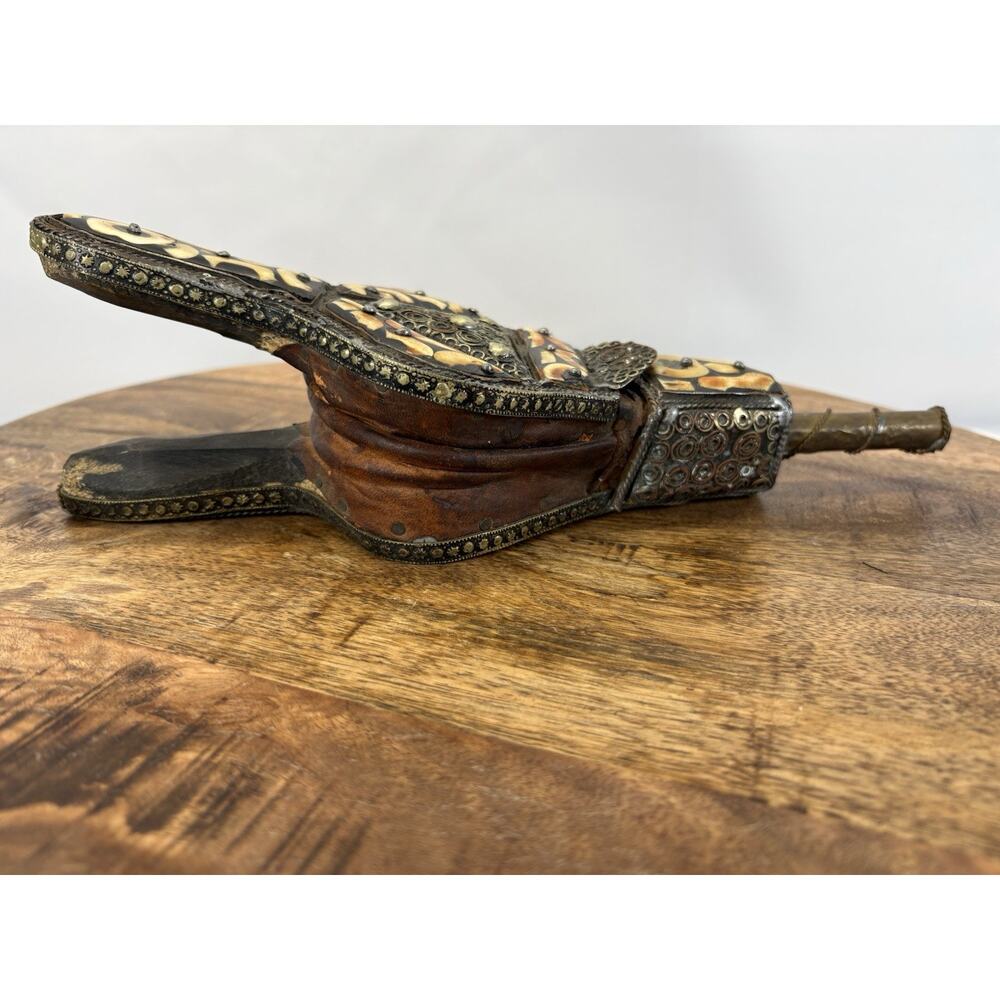 Vintage Handmade Moroccan Fire Bellow With Camel Bone Wood Brass And Leather - Picture 5 of 8